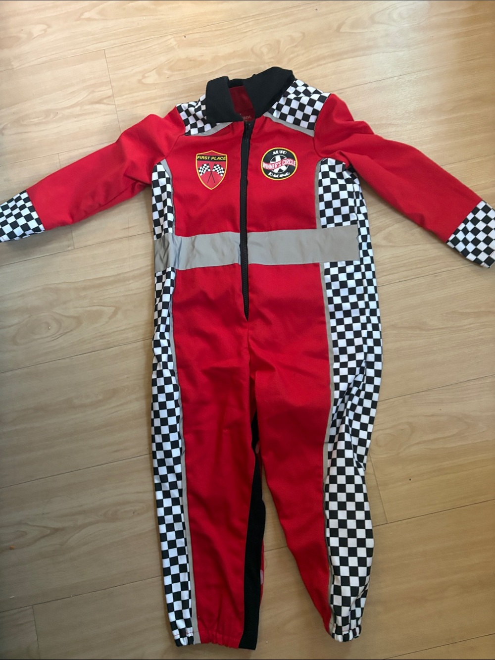 I want to be ages 5/6 Kids' Red Racing One-Piece Costume with Checkerboard